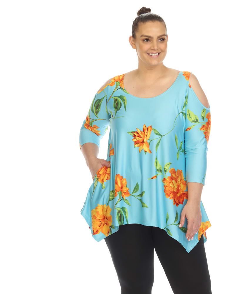 Front of a model wearing a size 3X Antonia Cold Shoulder Tunic in Blue/Orange by White Mark. | dia_product_style_image_id:282439